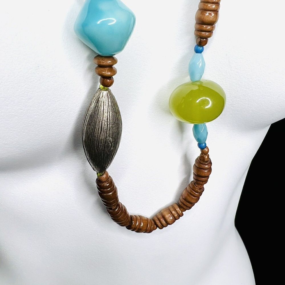 Vintage Lucite Wood Silver Beads Tibetan Necklace Mixed Media Chunky Beads 4009 - Picture 5 of 13